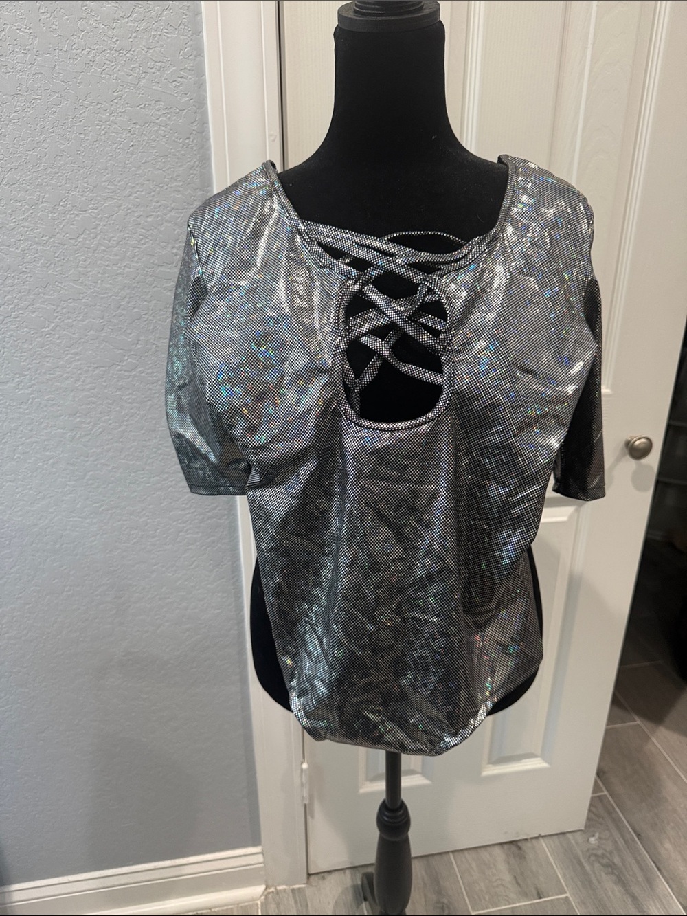 iHeartRaves Holographic Silver Lace-Up Short Sleeve Top